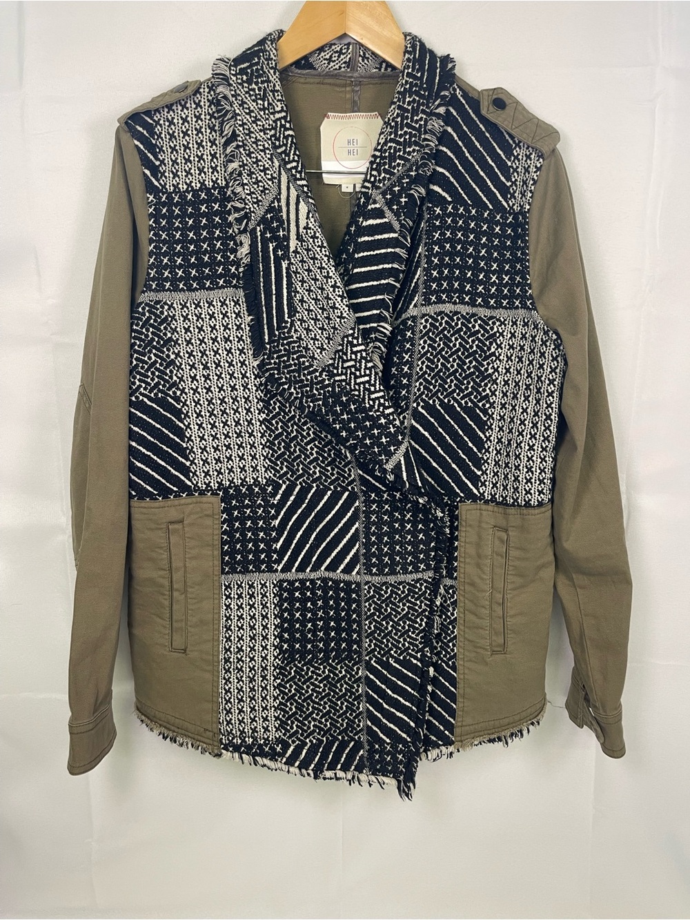 Anthropologie Hei Hei Olive Sleeve Hooded Patchwork Jacket - Black & Olive Med